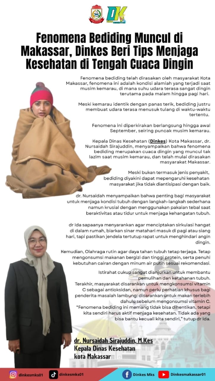Fenomena Bediding Landa Makassar, Dinkes Imbau Warga Jaga Kesehatan di Tengah Cuaca Dingin Fenomena Bediding Landa Makassar, Dinkes Imbau Warga Jaga Kesehatan di Tengah Cuaca Dingin